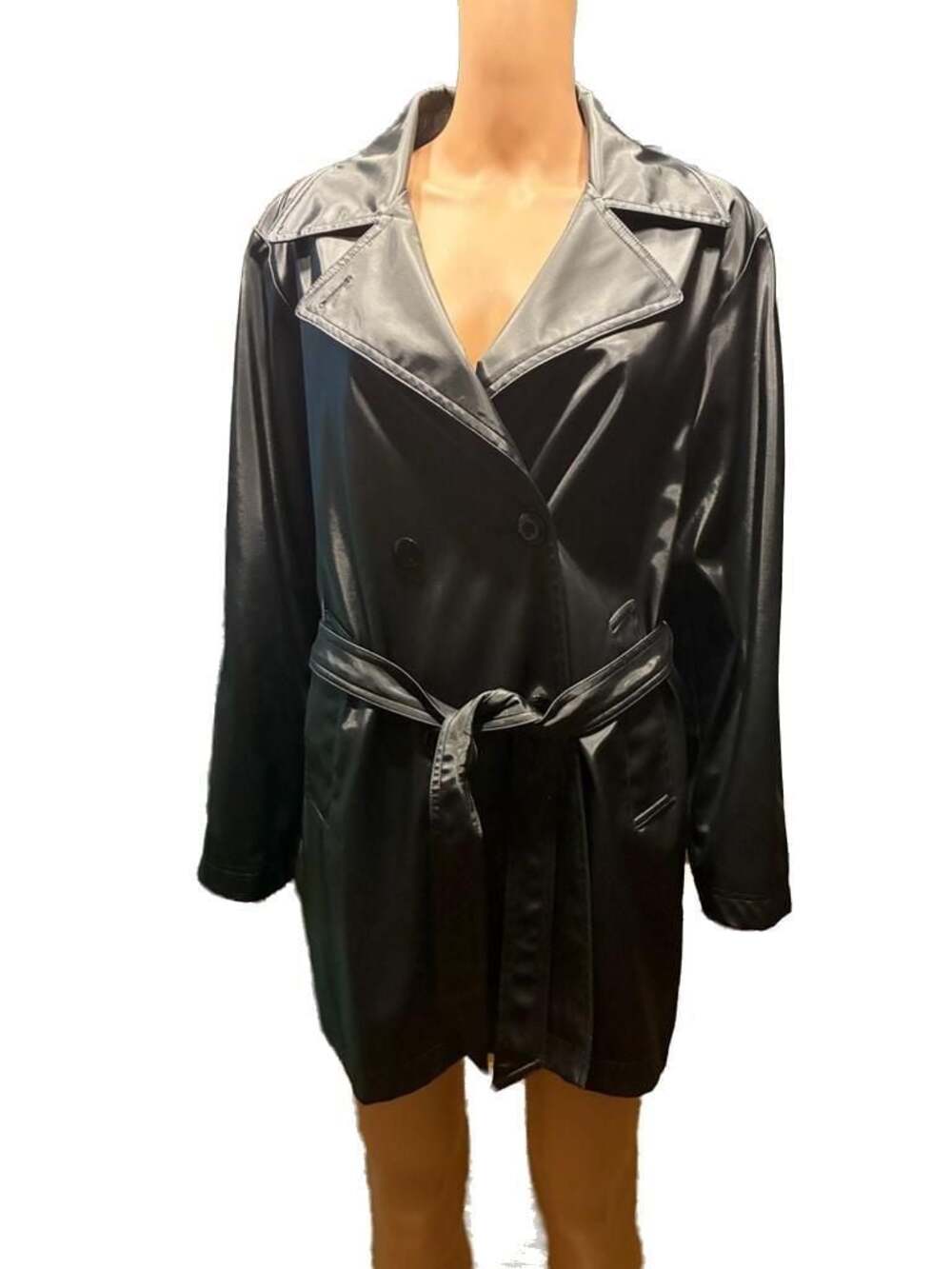 Fu Da New York Double Breasted Faux Leather Belted Trench Coat